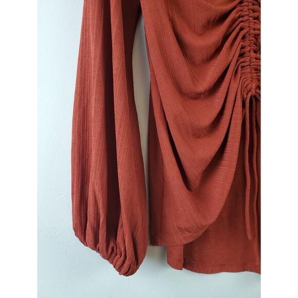 Free People Women Top XS Ruched Gathered Front Long sleeve Cropped Rust Ruched - Picture 3 of 10